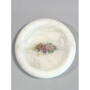 1950’s Genuine Alabaster Floral Ashtray Trinket Hand Carved Made In Italy 4”